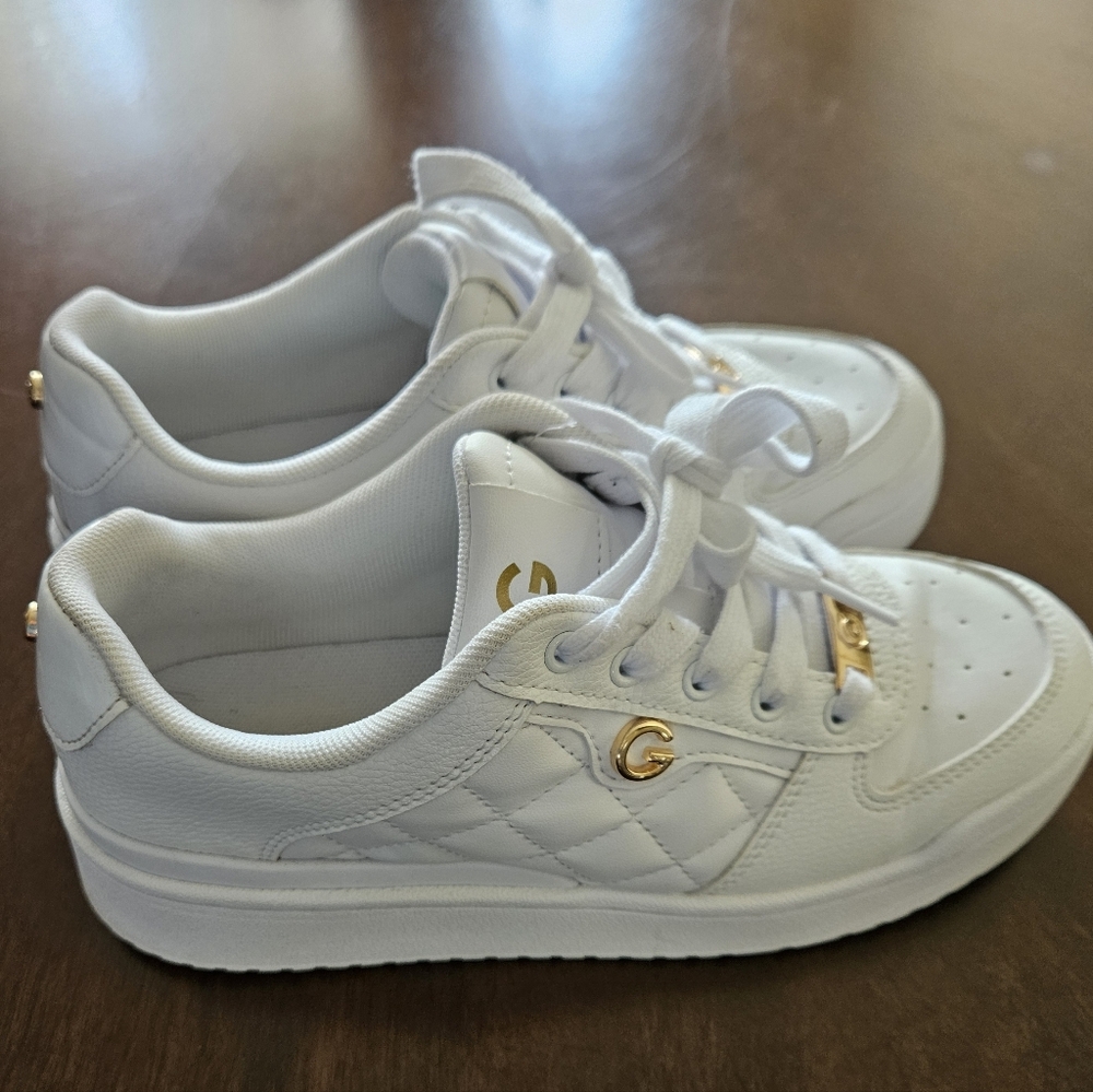 GBG Los Angeles White Sneakers with Gold Accents